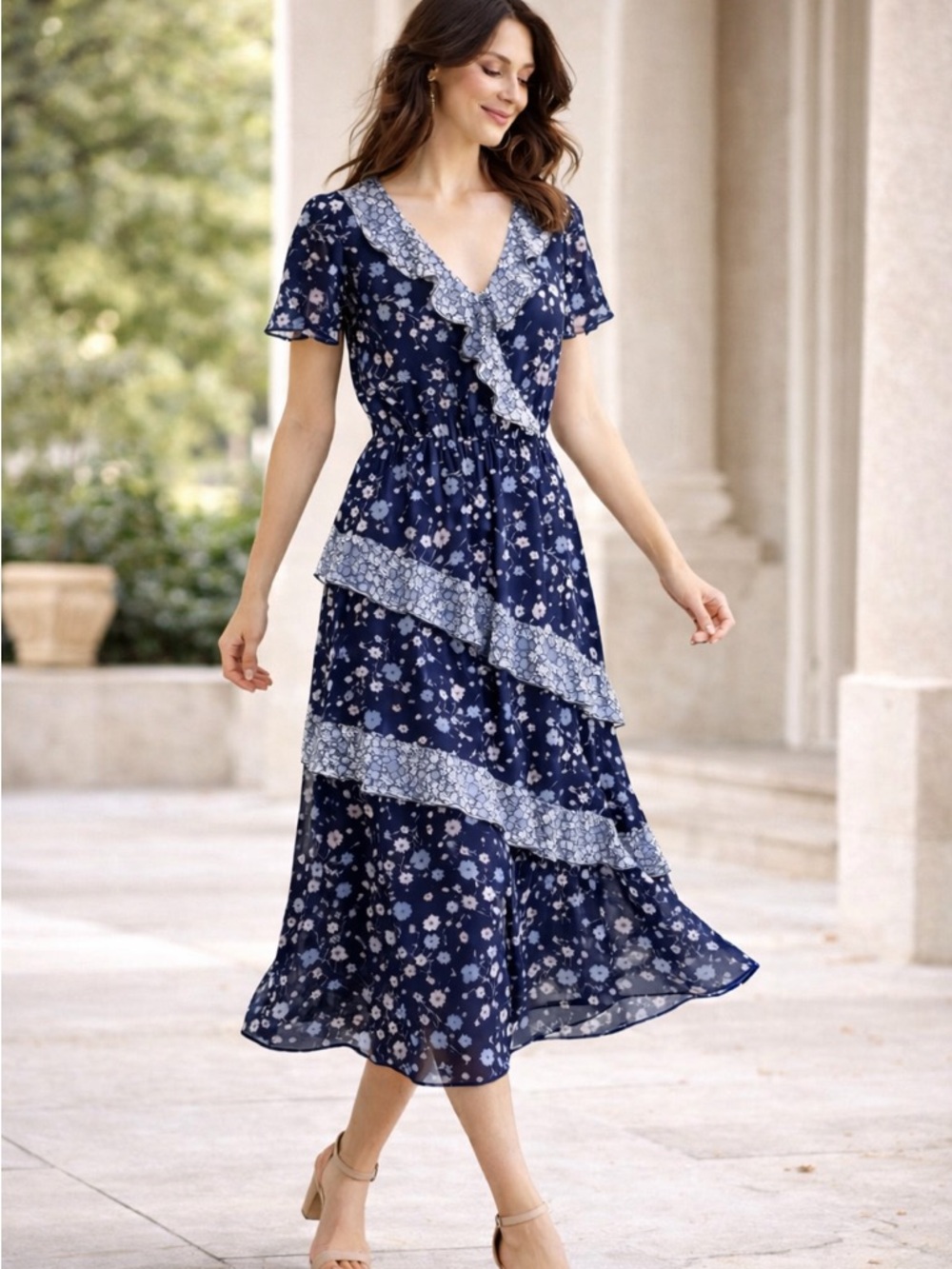 Michael Kors Navy Floral Ruffle Midi Dress Flutter Sleeve Size S